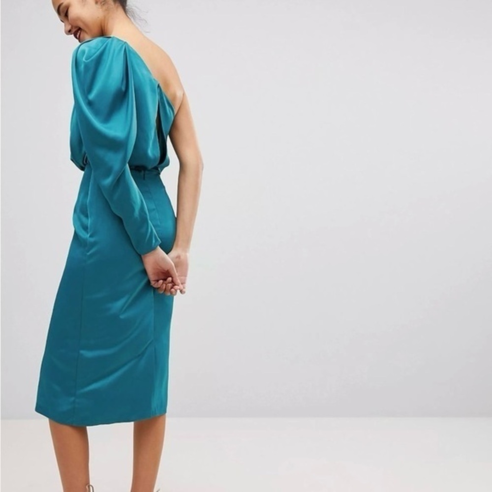 ASOS Teal Blue Green Satin Extreme One Shoulder Puff Sleeve Midi Dress